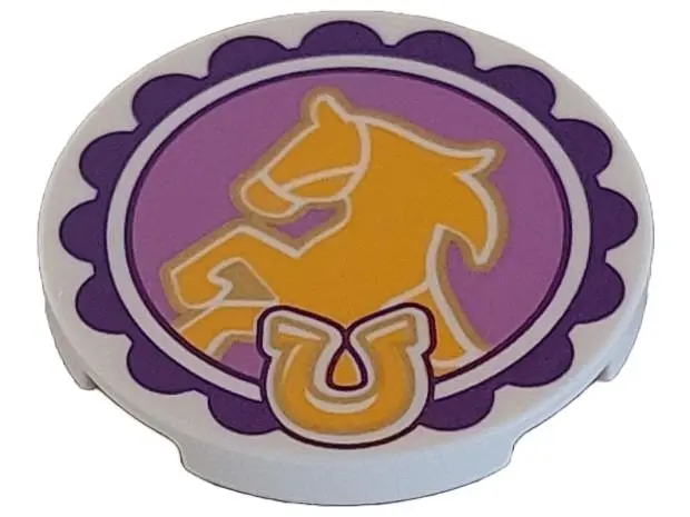 White Tile, Round 3 x 3 with Bright Light Orange Horse and Horseshoe on Medium Lavender Circle Backg