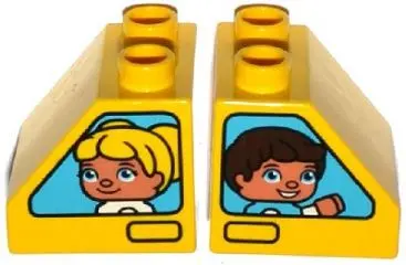 Yellow Duplo, Brick 2 x 2 x 1 1/2 Slope 45 with Window with Boy / Girl Pattern