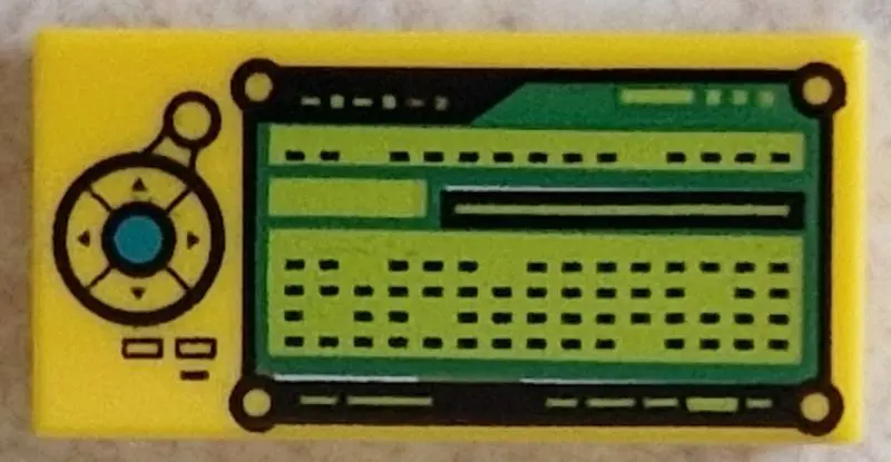 Yellow Tile 1 x 2 with Control Panel with Dark Turquoise Button, Black Directional Pad, Bright Green