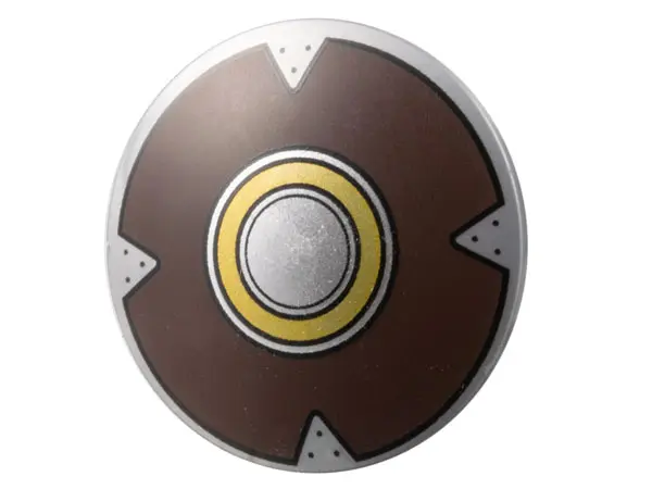 Flat Silver Minifigure, Shield Circular / Round Convex Face with Silver, Gold, and Dark Brown Concen