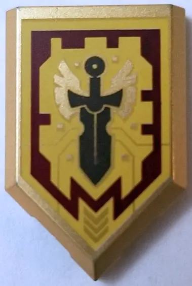 Metallic Gold Tile, Modified 2 x 3 Pentagonal with Nexo Power Shield Pattern - Merlok Power Sword