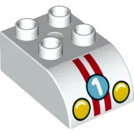 White Duplo, Brick 2 x 3 Slope Curved with Yellow Headlights, Red Stripes, and Number 1 on Medium Az