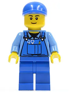 Overalls with Tools in Pocket Blue, Blue Short Bill Cap, Thin Grin