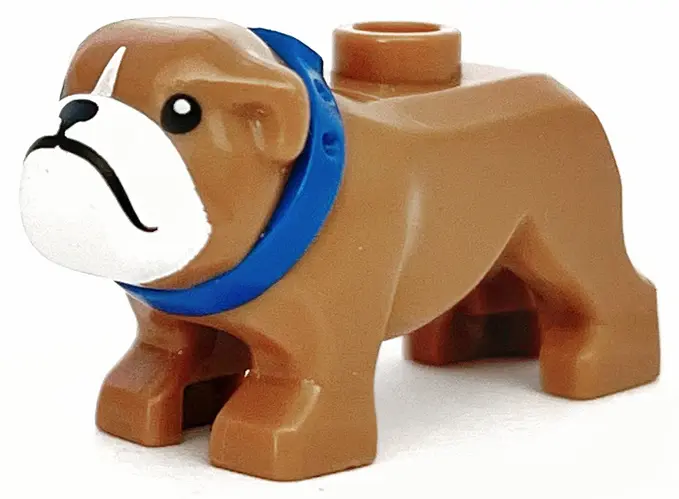 Medium Nougat Dog, Bulldog with Molded Blue Collar and Printed Black Eyes, Nose and Mouth, and White