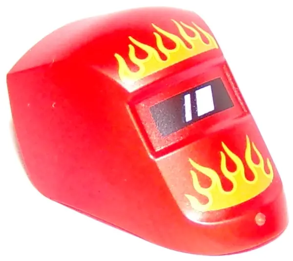 Red Minifigure, Visor Welding with Flames Orange and Yellow Pattern