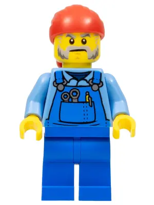 Tow Truck Driver - Male, Blue Overalls over Medium Blue Shirt, Blue Legs, Red Bandana, Beard, Back P