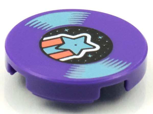 Dark Purple Tile, Round 2 x 2 with Bottom Stud Holder with LP Record, Metallic Light Blue Shooting S
