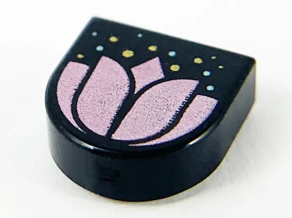 Black Tile, Round 1 x 1 Half Circle Extended with Metallic Pink Flower, Gold and Metallic Light Blue