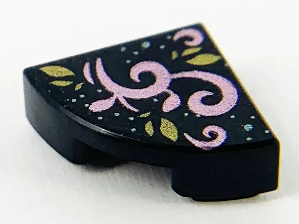 Black Tile, Round 1 x 1 Quarter with Metallic Pink Vine, Gold Leaves, and Metallic Light Blue Dots P