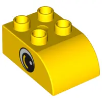Yellow Duplo, Brick 2 x 3 Slope Curved with Circled Black Eye with Arc and White Pupil Pattern on Bo