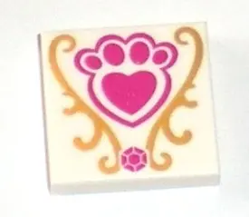 White Tile 2 x 2 with Magenta Jewel and Paw Print with Heart and Gold Decorations Pattern