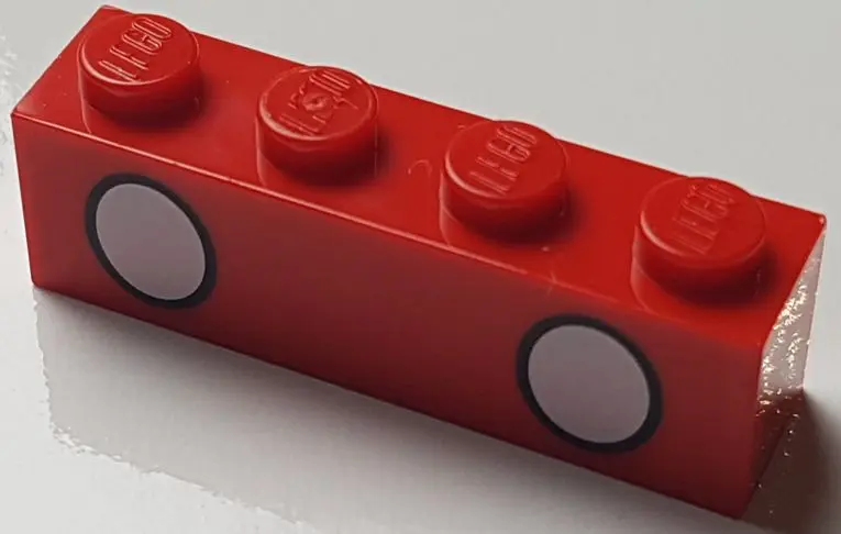 Red Brick 1 x 4 with 2 White Circles with Black Outline Pattern (Mickey Mouse Trouser Buttons)