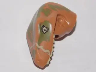 Medium Nougat Dinosaur Head Raptor with Pin Hole with Tan Teeth and Olive Green Splotches Pattern