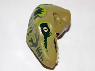 Olive Green Dinosaur Head Raptor with Pin Hole with Tan Teeth and Dark Green Stripes over Lime Patte