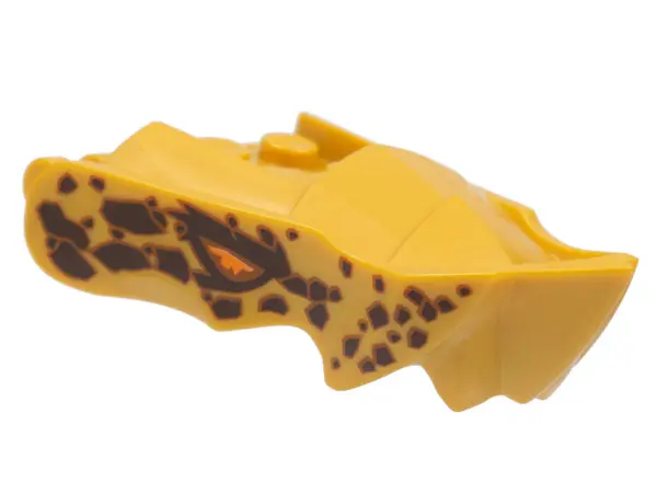 Pearl Gold Dragon Head (Ninjago) Jaw with Small Spikes and 2 Bar Handles on Back with Orange Eyes an