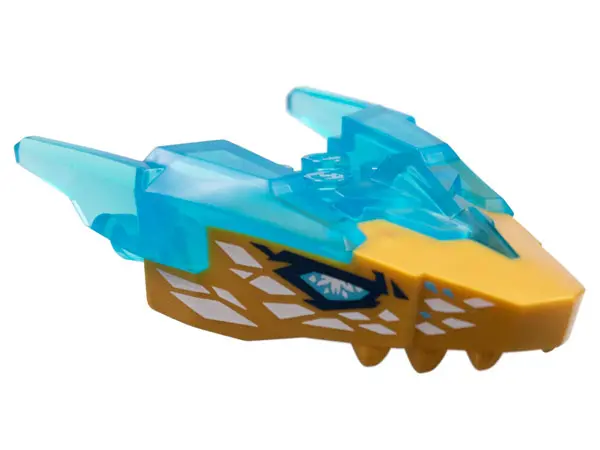 Trans-Light Blue Dragon Head (Ninjago) Jaw Upper with Horns with Molded Pearl Gold Face and Printed 