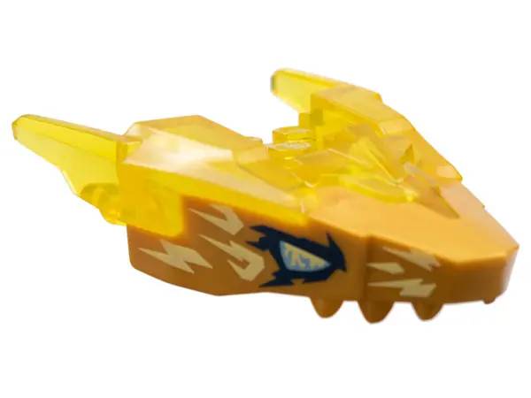 Trans-Yellow Dragon Head (Ninjago) Jaw Upper with Horns with Molded Pearl Gold Face and Printed Meta
