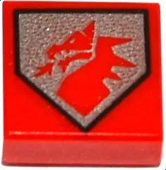 Red Tile 1 x 1 with Red Dragon Head on Silver Pentagonal Shield Pattern