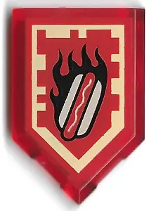 Trans-Red Tile, Modified 2 x 3 Pentagonal with Nexo Power Shield Pattern - Burnt Hot Dog