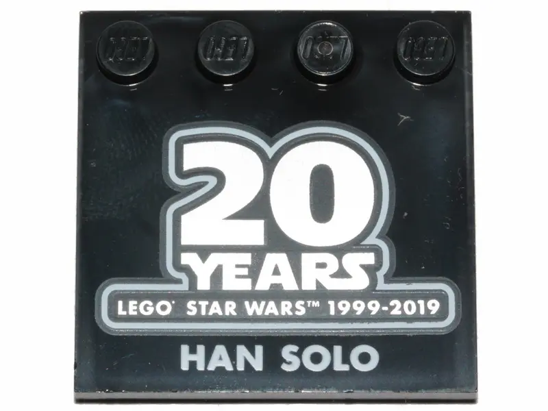 Black Tile, Modified 4 x 4 with Studs on Edge with SW '20 YEARS LEGO STAR WARS 1999-2019' and 'HAN S