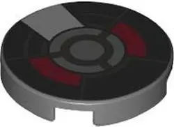 Dark Bluish Gray Tile, Round 2 x 2 with Bottom Stud Holder with Black, Dark Red and Silver Armor Pla
