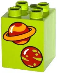 Lime Duplo, Brick 2 x 2 x 2 with 2 Planets Pattern