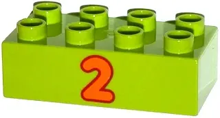 Lime Duplo, Brick 2 x 4 with Number 2 Orange Pattern
