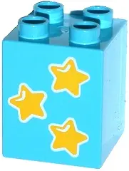 Medium Azure Duplo, Brick 2 x 2 x 2 with 3 Yellow Stars Pattern