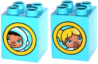 Medium Azure Duplo, Brick 2 x 2 x 2 with Porthole with Duplo Astronaut / Girl Pattern