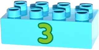 Medium Azure Duplo, Brick 2 x 4 with Number 3 Lime Pattern