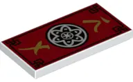 White Tile 2 x 4 with Red Background and Ninjago Black with White Flower Medallion Pattern