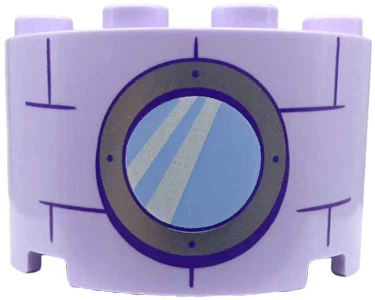 Lavender Cylinder Half 2 x 4 x 2 with 1 x 2 Cutout with Bright Light Blue Round Window with Silver F