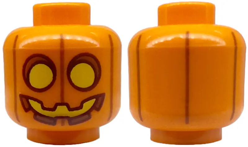 Orange Minifigure, Head Pumpkin Jack O' Lantern with Yellow Eyes and Mouth and Dark Orange Vertical 