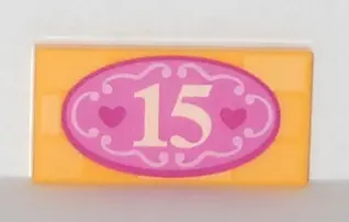 Bright Light Orange Tile 2 x 4 with Number '15' and Dark Pink Hearts in Oval Pattern