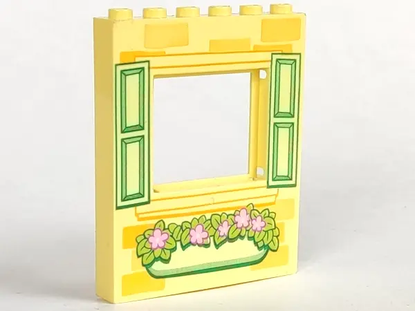 Bright Light Yellow Panel 1 x 6 x 6 with Window with Yellowish Green Shutters and Flower Box Pattern