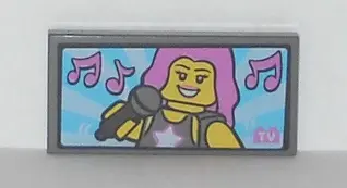 Dark Bluish Gray Tile 2 x 4 with Pop Star with Microphone and Music Notes on TV Screen Pattern