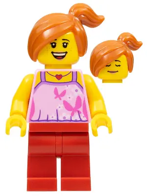 Child - Bright Pink Top with Butterflies and Flowers, Red Legs, Off-center Ponytail