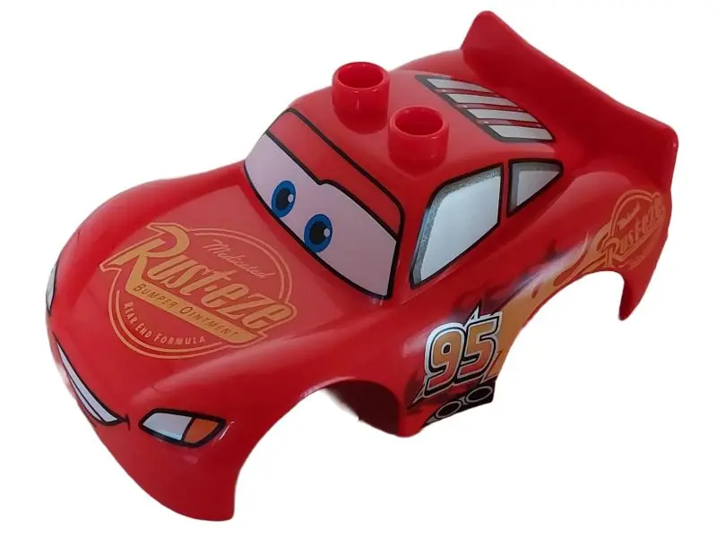 Duplo Car Body 2 Top Studs and Spoiler with Cars Lightning McQueen Rust-eze, Wide Smile and Low Fron