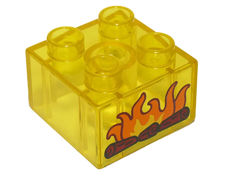 Trans-Yellow Duplo, Brick 2 x 2 with Burning Logs Pattern