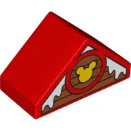 Red Duplo, Brick 4 x 2 Slope 45 Double with Snow on Boards and Mickey Mouse Logo Pattern