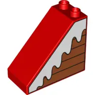 Red Duplo, Brick 4 x 2 x 3 Slope with Snow on Boards Pattern Model Right Side
