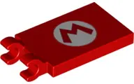 Red Tile, Modified 2 x 3 with 2 Clips with Letter M in White Oval Pattern