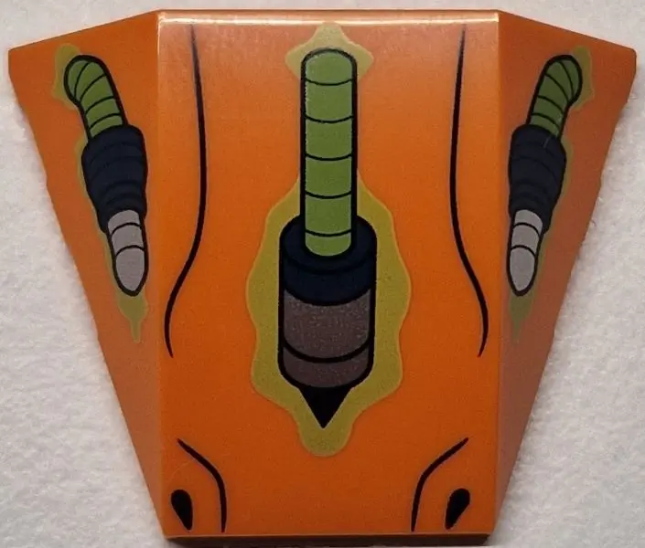 Orange Wedge 4 x 3 Triple Curved No Studs with Lizard Shaped Lime, Dark Blue and Silver Eyes and Nos