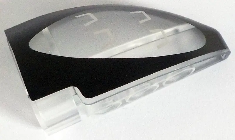 Trans-Clear Technic, Panel Curved 5 x 3 x 2 Corner Quarter Ellipse, Left with Black and Silver Porsc