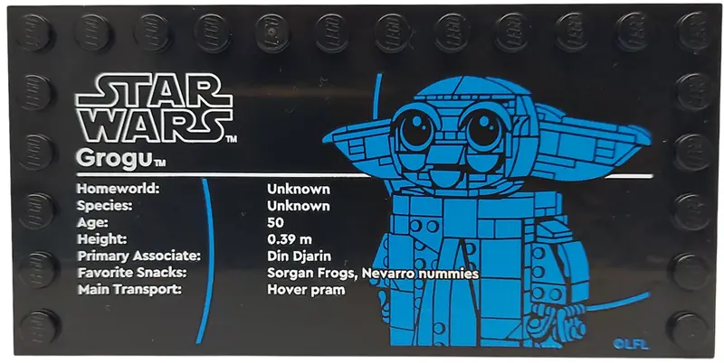 Black Tile, Modified 6 x 12 with Studs on Edges with Star Wars Logo and 'Grogu' Pattern