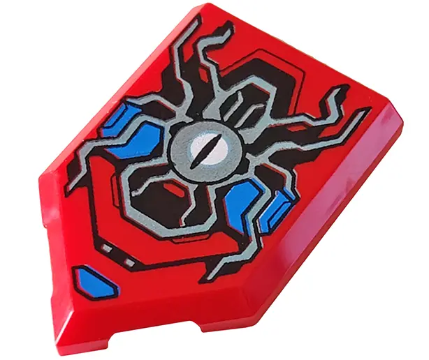 Red Tile, Modified 2 x 3 Pentagonal with Silver Spider, Eye and Blue Armor Plates Pattern