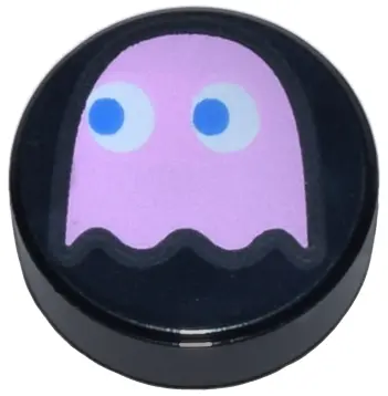 Black Tile, Round 1 x 1 with Bright Pink PAC-MAN Ghost with Blue Eyes Pattern (Pinky)
