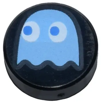 Black Tile, Round 1 x 1 with Medium Blue PAC-MAN Ghost with Blue Eyes Pattern (Inky)
