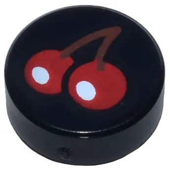 Black Tile, Round 1 x 1 with Red Cherries with White Reflections (Circles) and Reddish Brown Stem Pa