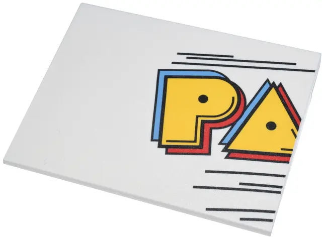 White Slope 10 6 x 8 with PAC-MAN Sign Left Piece, Yellow, Medium Blue, and Red 'PA' and Black Lines